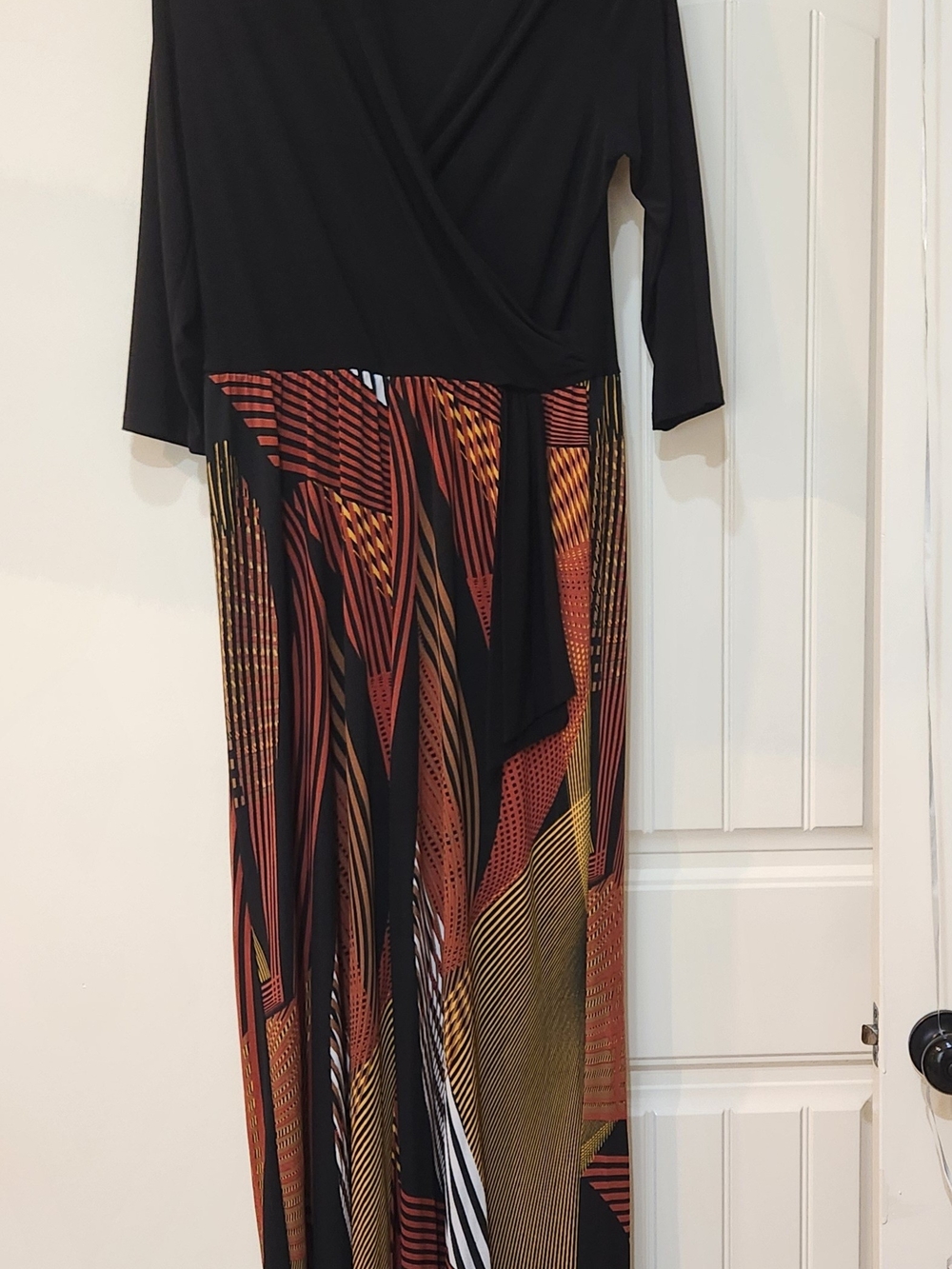Tiana B. Black Maxi Dress with Rust and Gold Geometric Print